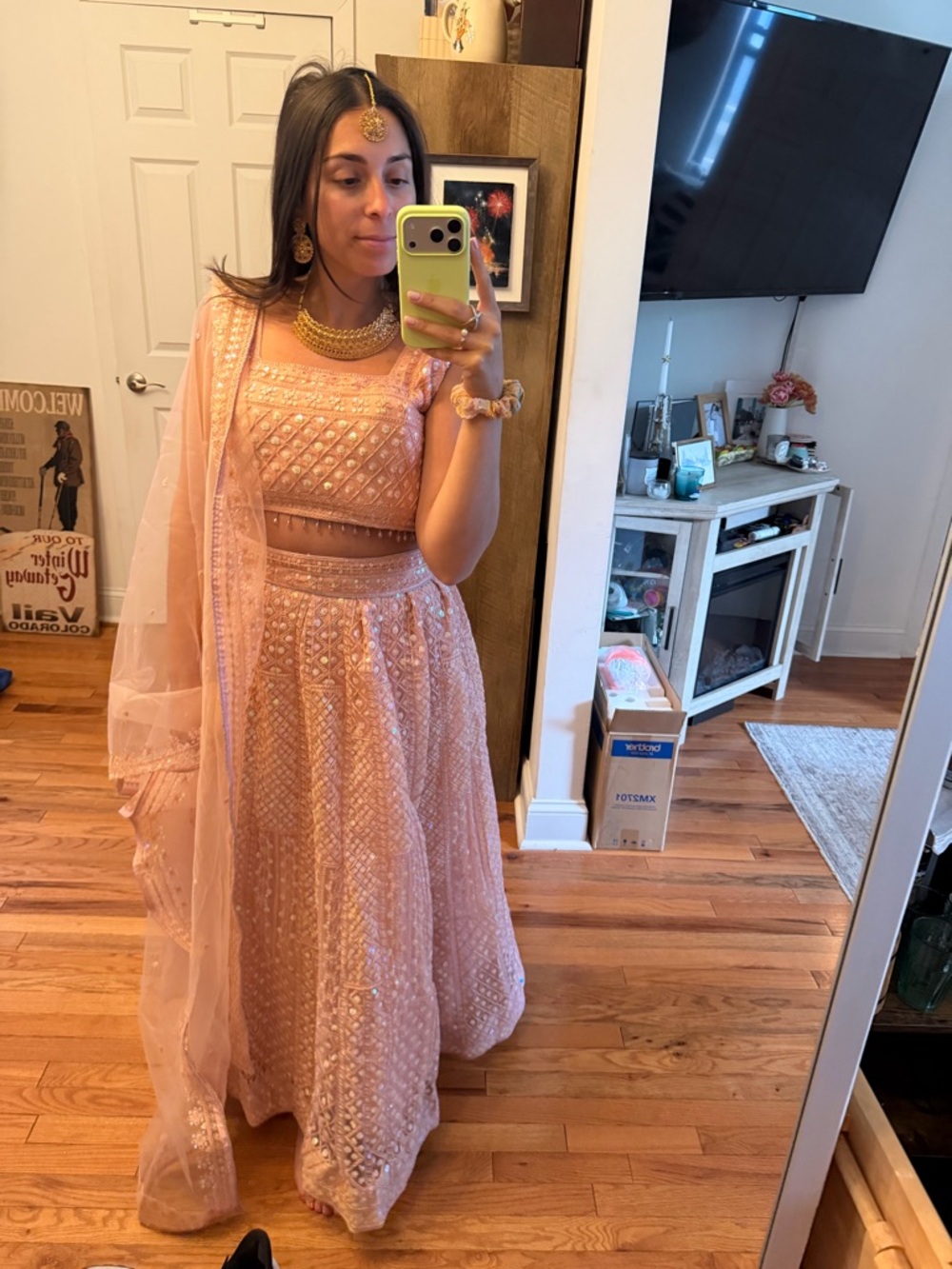 Embellished Pink Maxi Lehenga Dress with Sheer Dupatta